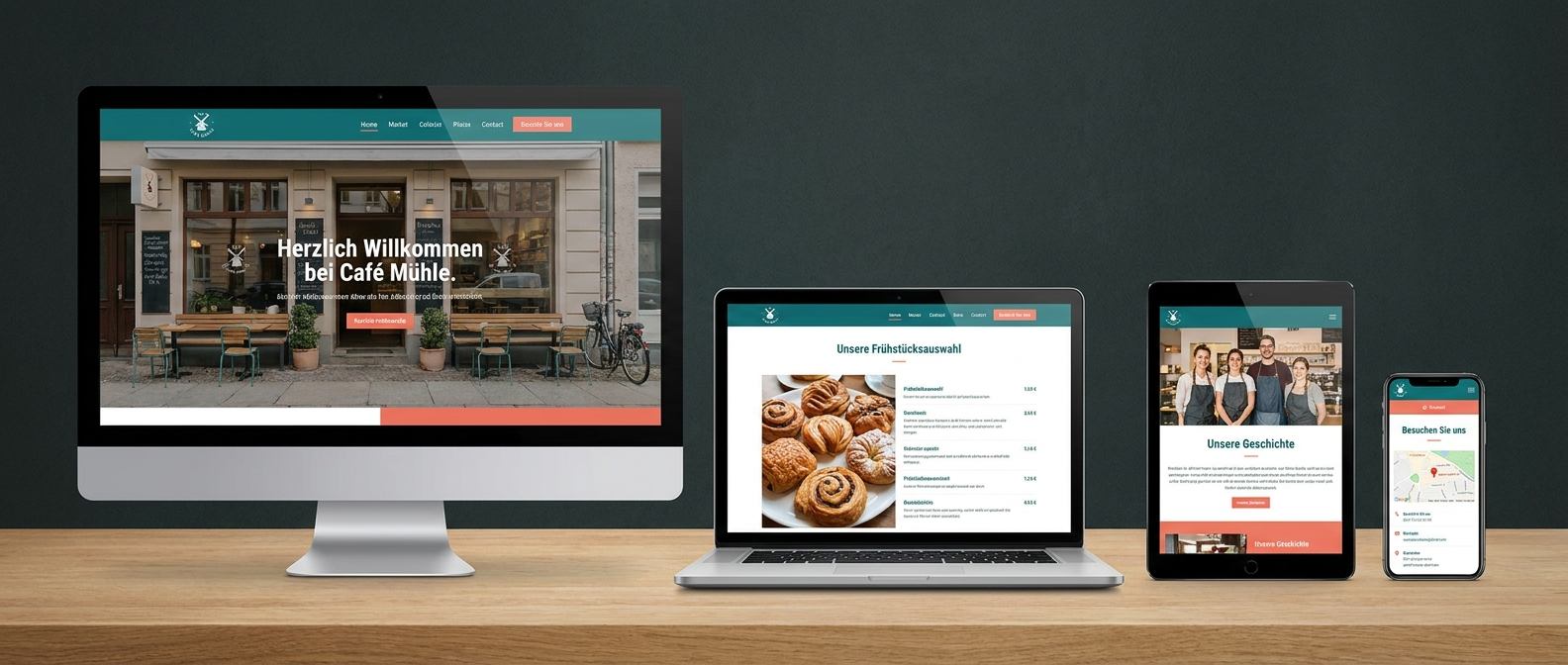 Eine Website auf allen Geräten: Monitor, Laptop, Tablet und Smartphone