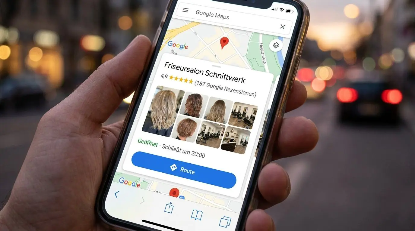 Google-Maps-Profil eines Betriebs mit Bewertungen auf dem Smartphone