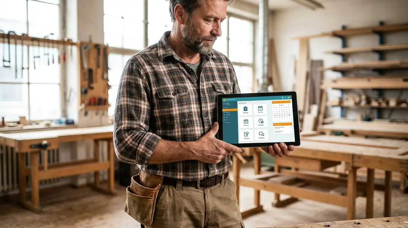 Handwerker mit Tablet und digitaler Auftragsverwaltung