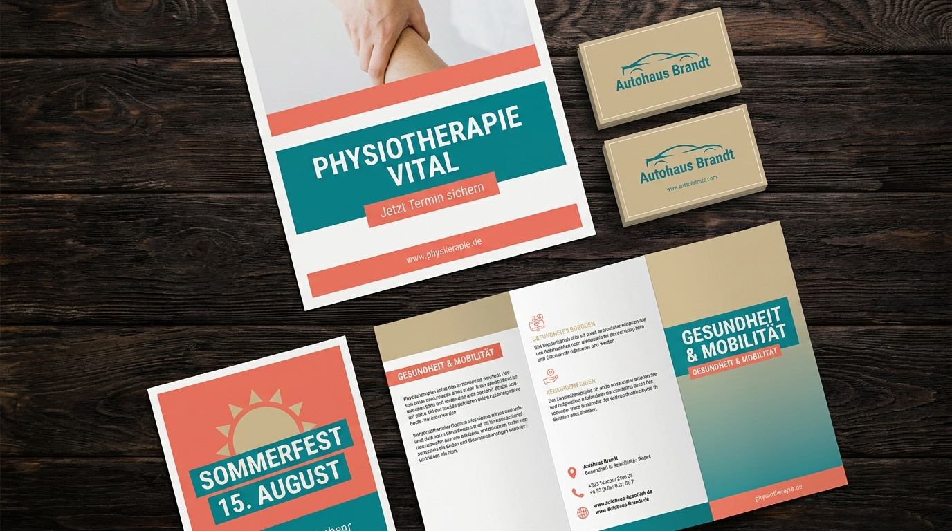 Konkrete Print-Beispiele: Flyer Physiotherapie, Visitenkarten Autohaus, Plakat Sommerfest