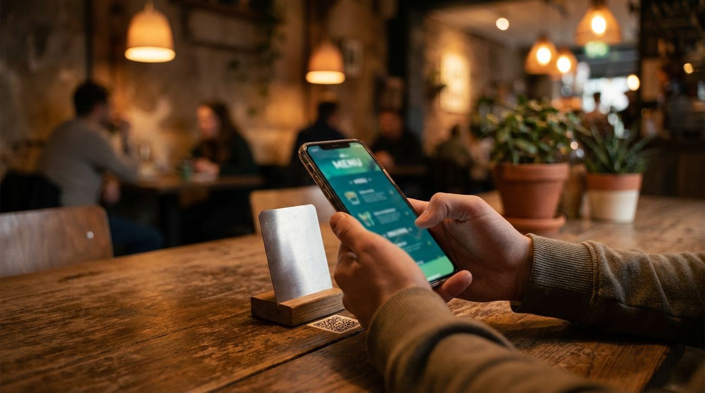 Gast scannt QR-Code-Speisekarte am Restauranttisch