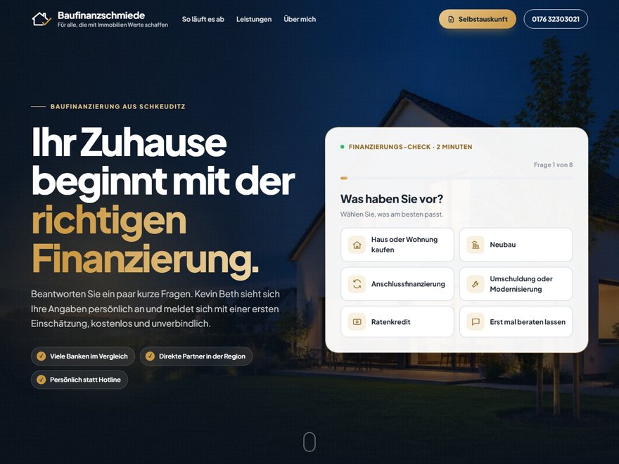 Startseite von baufinanzschmiede.de mit Finanzierungs-Check