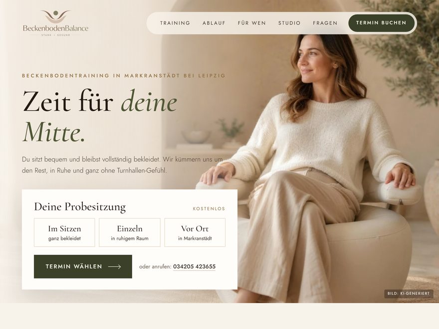 Startseite von beckenboden-markranstaedt.de mit Probesitzungs-Buchung