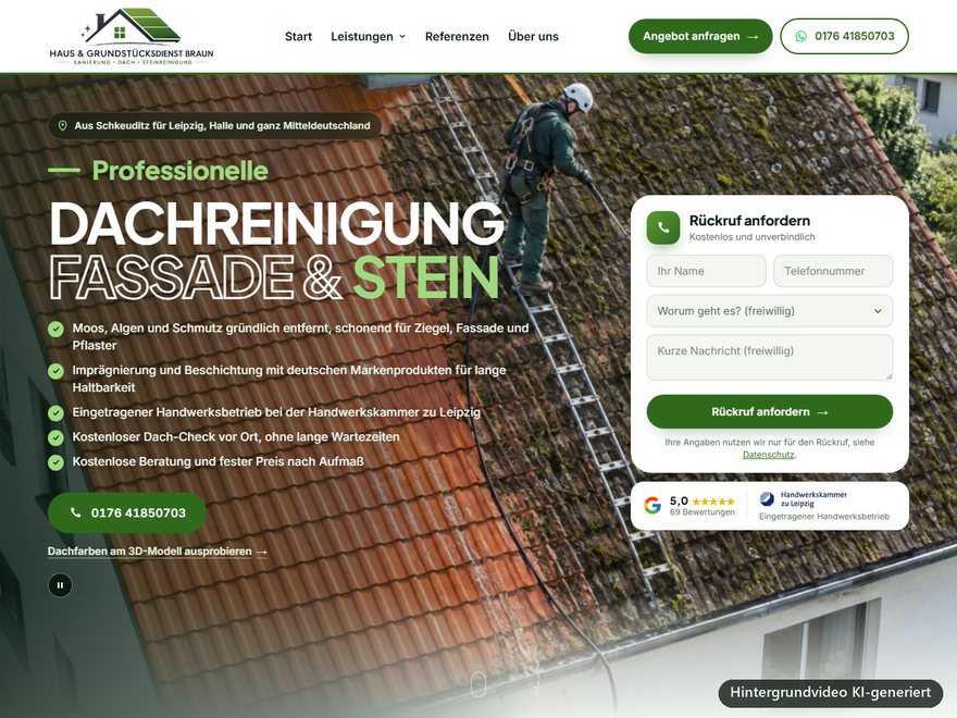 Startseite von haus-grundstuecksdienst.de mit Dachreinigung und Rückruf-Formular