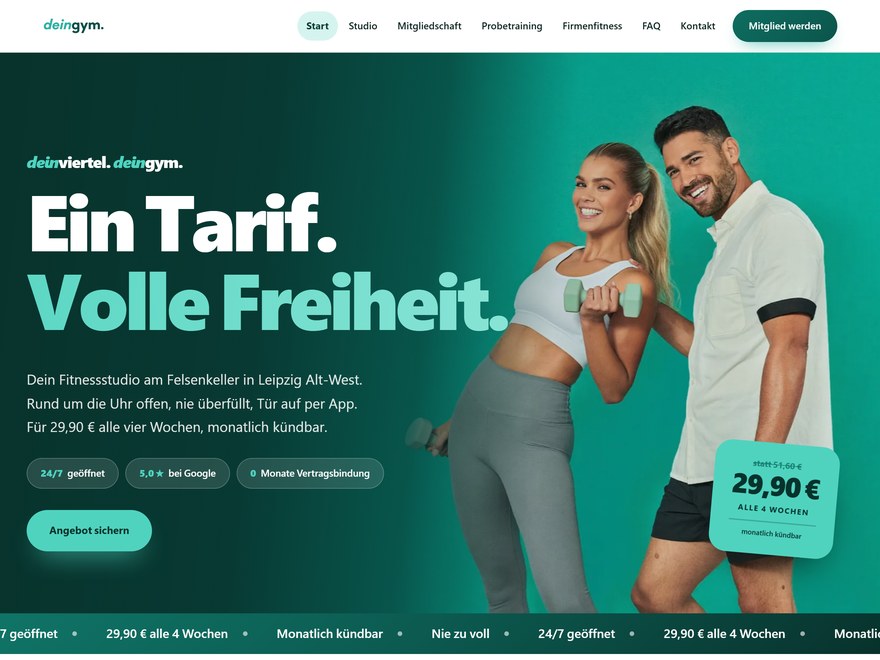 Startseite von deingym.com mit 24/7-Fitnessstudio-Angebot