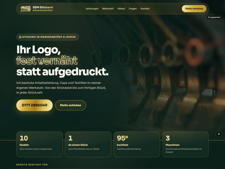 Startseite von stickerei-markranstaedt.de mit Stickmaschine