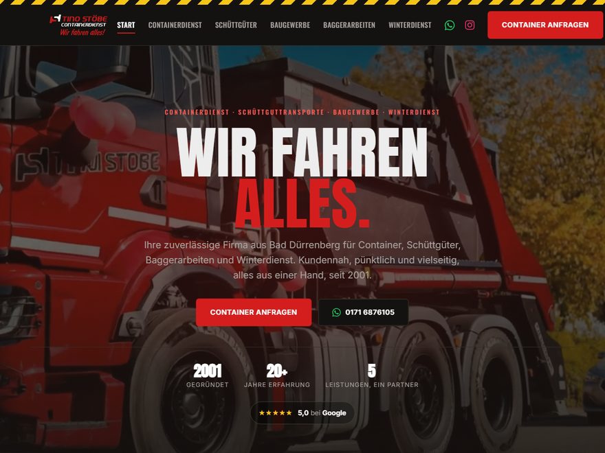 Startseite von stoebe-containerdienst.de mit Containerdienst und Video-Hintergrund