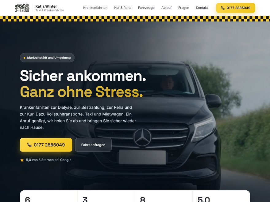 Startseite von taxi-markranstaedt.de mit Krankenfahrten-Angebot