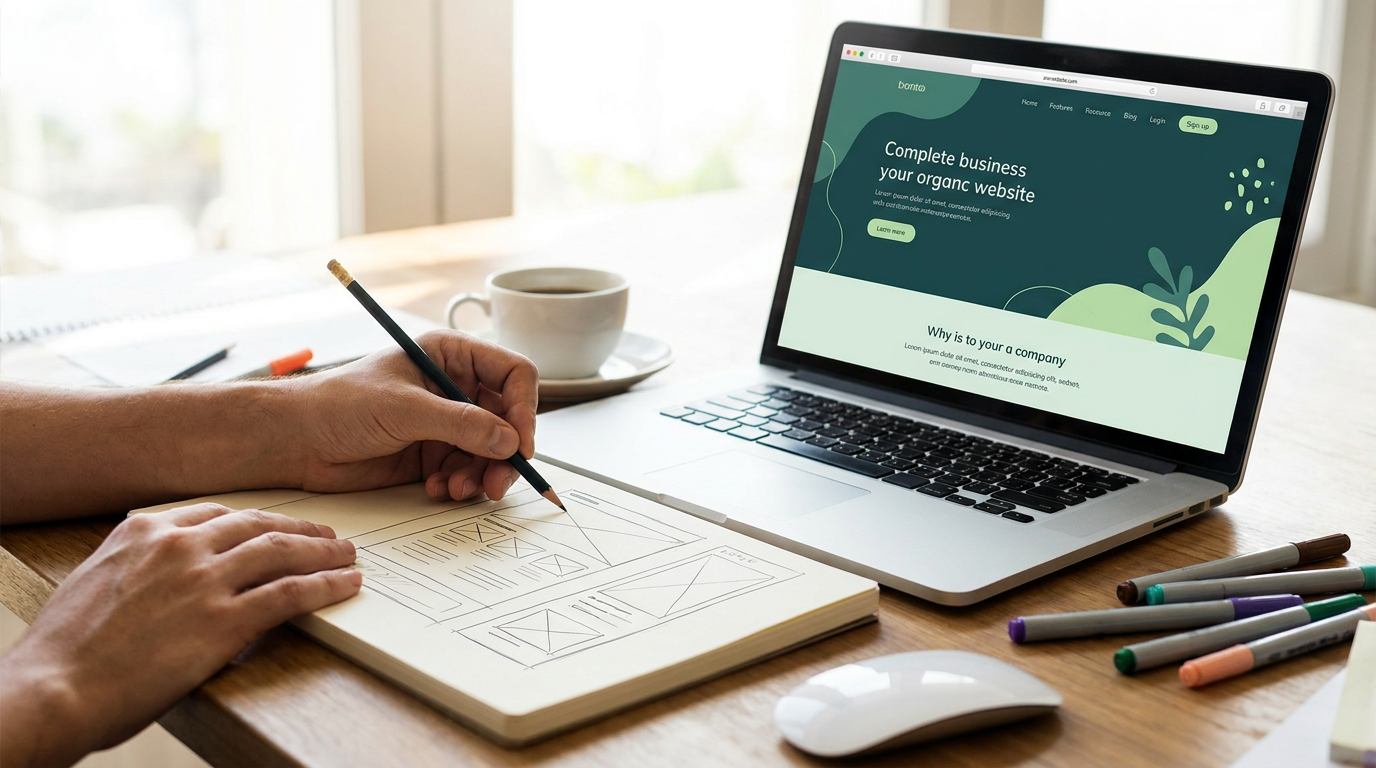 Vom Papier-Entwurf zur fertigen Website auf dem Laptop