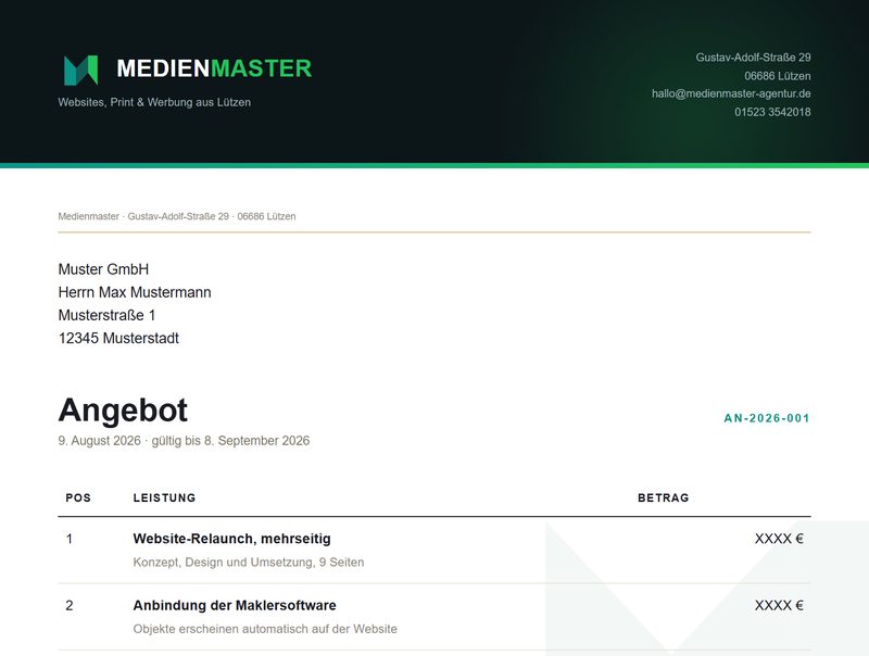 Fertiges Angebot mit Positionen und Gesamtbetrag