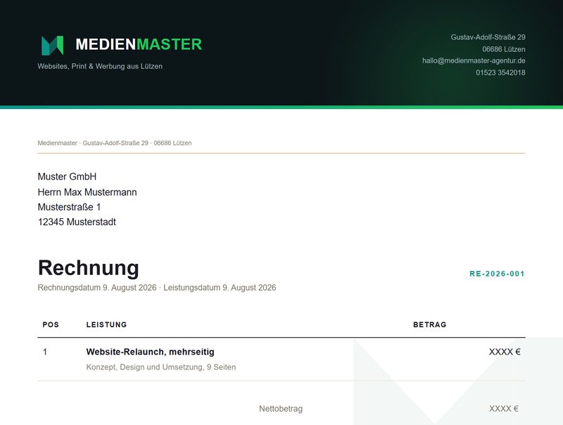Fertige Rechnung im Medienmaster-Design mit Summenblock