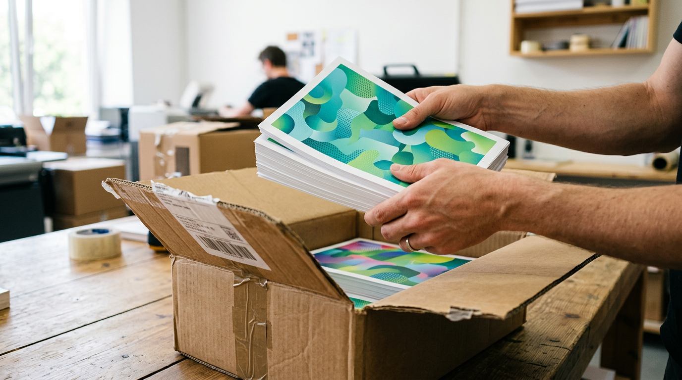 Frisch gedruckte Flyer werden aus dem Paket genommen